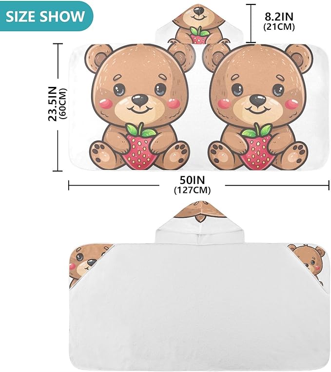Hooded Towel for Kids Little Bear with Strawberry Beach Wrap Bath Towels 50x23.5in