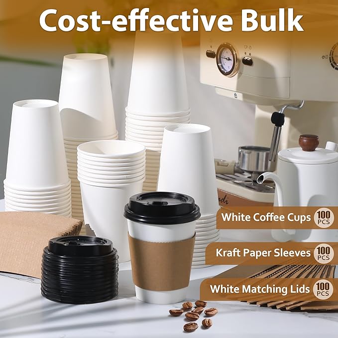 Clawsoff 500 Pack 12 oz Disposable Coffee Cups with Lids and Insulated Sleeves, Leak-free Paper and Sturdy Thick Paper Hot to Go Coffee Cups with Lids for Cold/Hot Beverage (White)