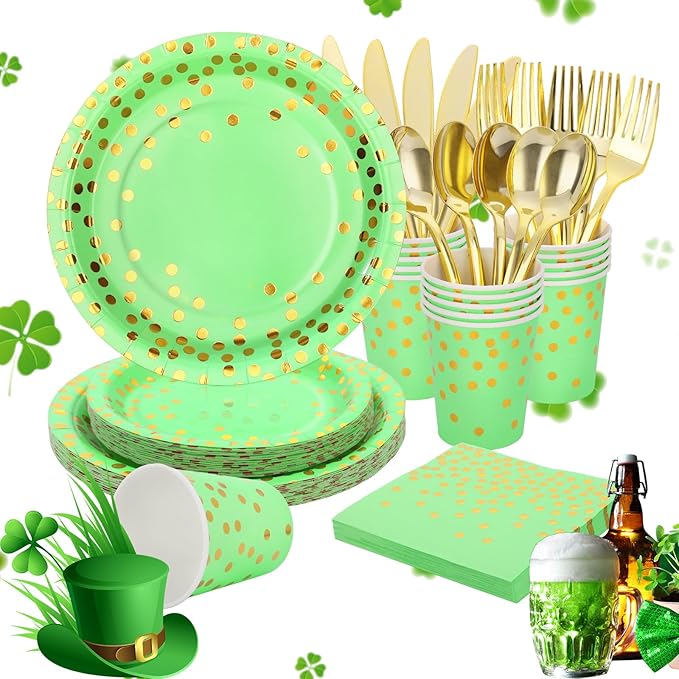 Green Paper Plates, 168 Pcs Lime Green Plates and Napkins Party Supplies, Birthday Plates Serve 24, for St Patricks Day, Graduation Party Decorations