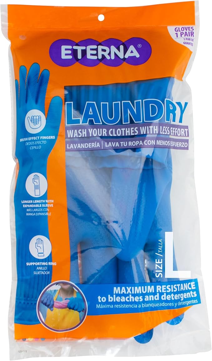 ETERNA Gloves Extra Long, Gloves for Laundry, Kitchen and Household Cleaning, Brush Effect on Fingers, Longer Length with Expandable Sleeve, Size L, 4.44 Oz