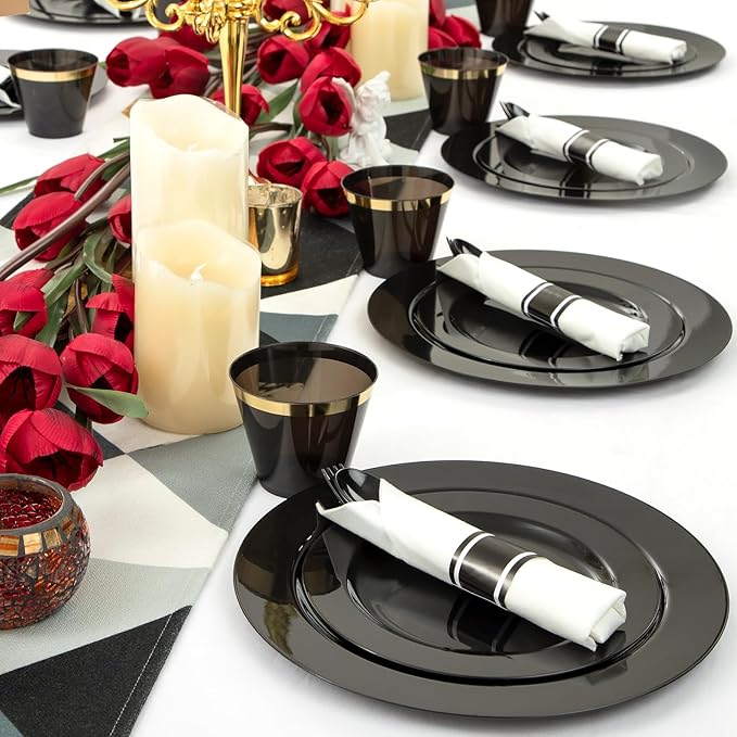 EI 350pcs Black Plastic Plates Disposable Heavy Duty Plastic Dinnerware Set Pre Silverware and Napkins Set Black and Gold Cups for Party Suit for Party,Wedding,Afternoon Tea,Spring,Valentine's Day