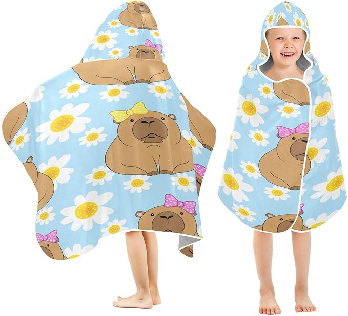CEBUGI Cartoon Capybaras Hooded Bath Towel for Kids Absorbent Soft Bath Towel Wrap with Hood 50x23.5in Pool Beach Shower Towel for Boys Girls