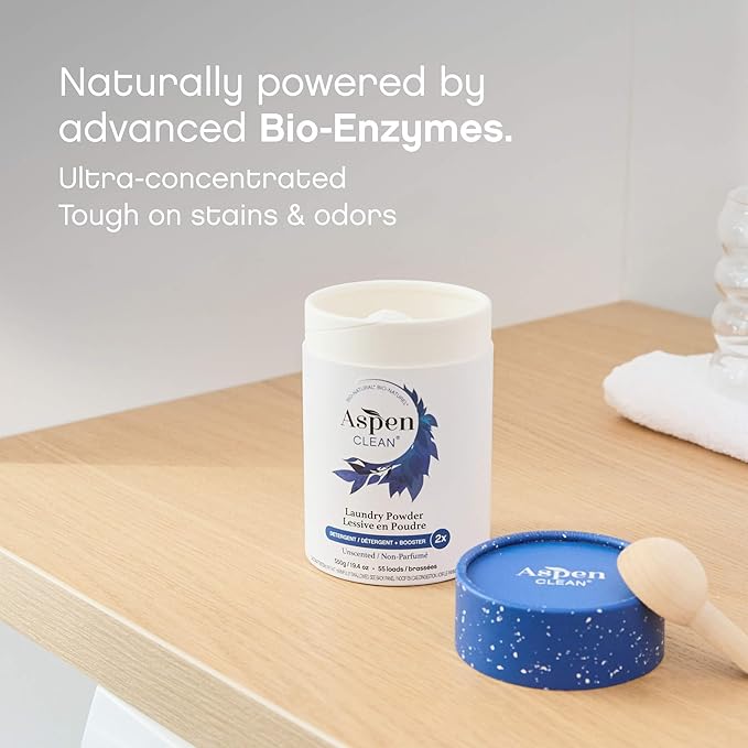 AspenClean Laundry Powder + Booster 2-in-1 Unscented 55 Loads Hyper Concentrated Stain & Odor Removal Enzyme Booster Non-Toxic 100% Natural EWG Verified