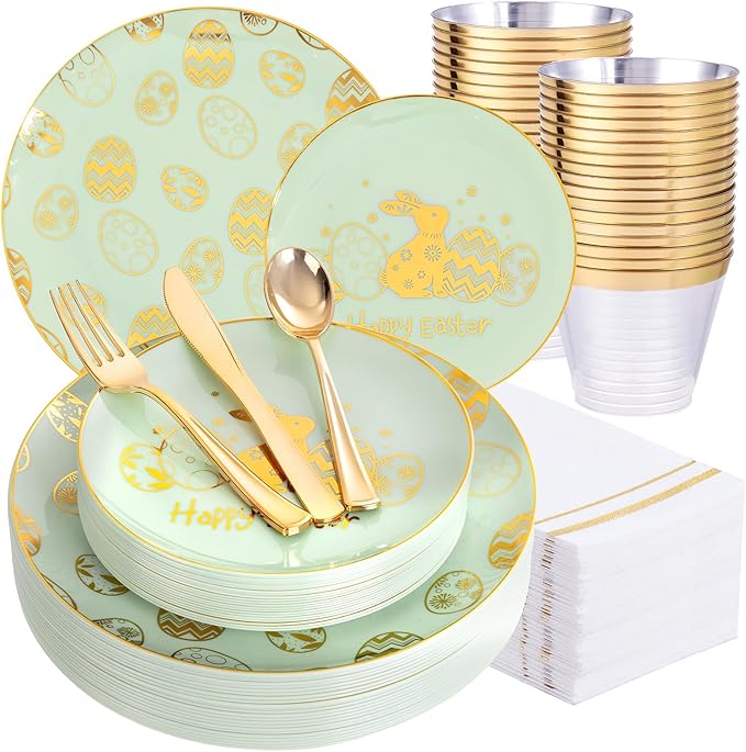 Festiva 175Pcs Easter Plates and Napkins Disposable - Green and Gold Plastic Dinnerware Set for 50 guests include 50 Plates 25Cups 25Plastic Silverware 25Napkins Perfect for Easter Party