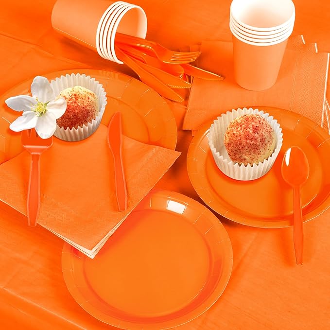 229PCS Orange Party Supplies Set Paper Disposable Plates Cups Plastic Spoons Forks Knives Orange Napkins for 30 Guests Disposable Party Dinnerware Sets for Wedding Birthday Parties