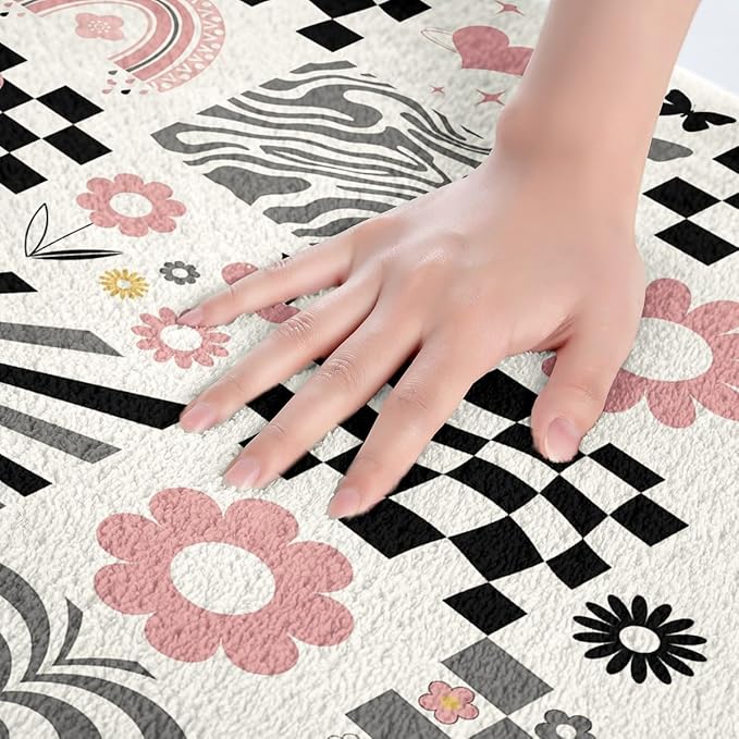 Daisy Flowers Kids Bath Mats,Geometric Plaid Checkered Checkerboard Mats Rugs for Girls,Star Rainbow Stripe Grid Bath Carpets,Black White Chic Bath Rugs,Absorbent Floor Mats,20Wx32L Inches