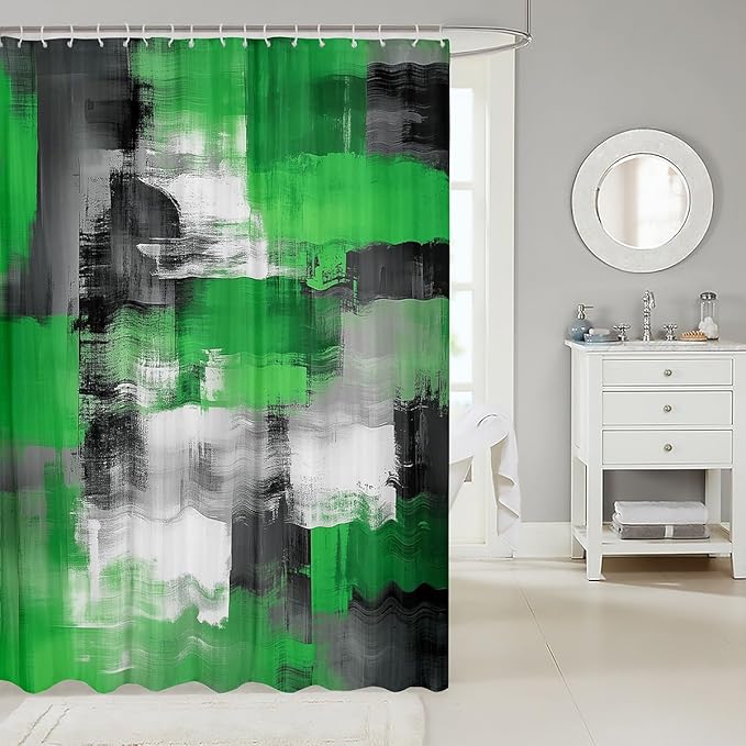 jejeloiu Green Grey Bath Curtain Abstract Shower Curtain for Kids Teens Room Decor Geometric Bathroom Shower Liner 72"x72" Geometric Modern Art Waterproof Soft Lightweight Polyester