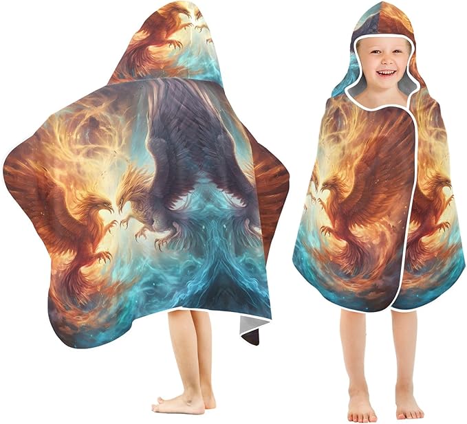 Hooded Towel for Kids Ice and Fire Phoenix in Space Beach Wrap Bath Towels 50x23.5in