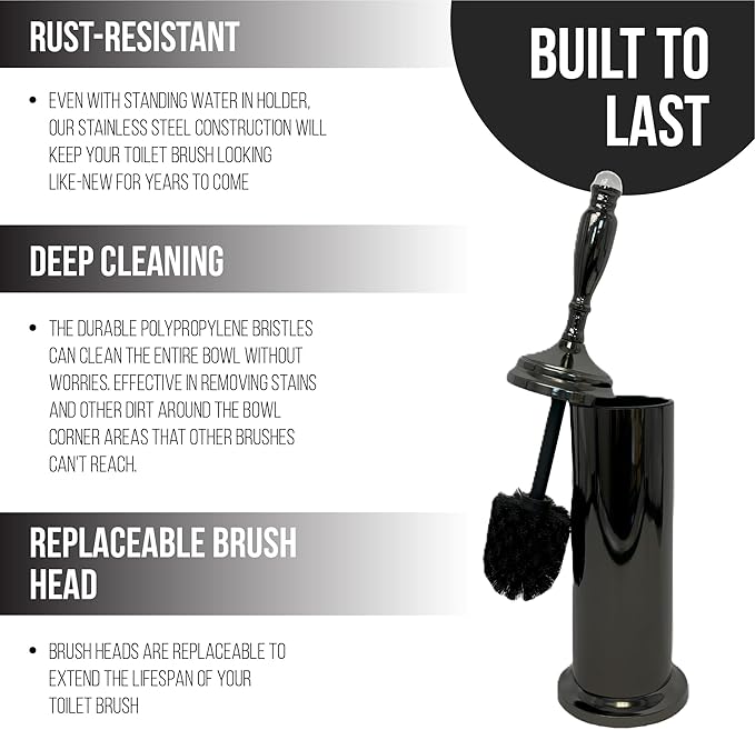 Splash Home Buena Stainless Steel Toilet Brush with Holder, Bowl Scrubber with Durable Cleaning Bristles, Hidden Brush with Splash Protective Disc Design - Black Nickel
