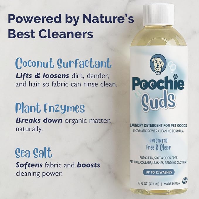 Poochie Suds Pet Laundry Detergent, Enzyme Cleaner and Odor Remover, Hypoallergenic and Fragrance-Free Pet Safe Detergent for Dog and Cat Bedding, Blankets, Toys and Gear, Made in USA, 16 fl oz