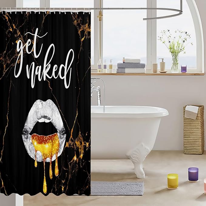 Luxury Black Gold Marble Bathroom Curtains Boys Girls Sexy Lips Shower Curtain For Kids Women Men Get Naked Soft Bath Curtain Funny Quotes Waterproof Bathroom Accessories 72x84 Inch Bedroom Decor