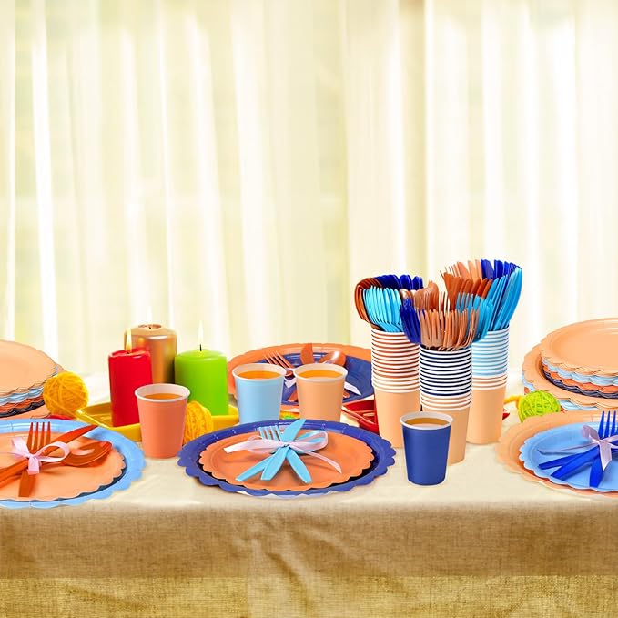 Ziliny 350 Pcs Blue Orange Plates and Napkins, 50 Guest Blue Dog Party Supplies Include Scalloped Paper Plates Napkins Cups Plastic Spoons Forks Knives Disposable Tableware Set for Dart Birthday Party