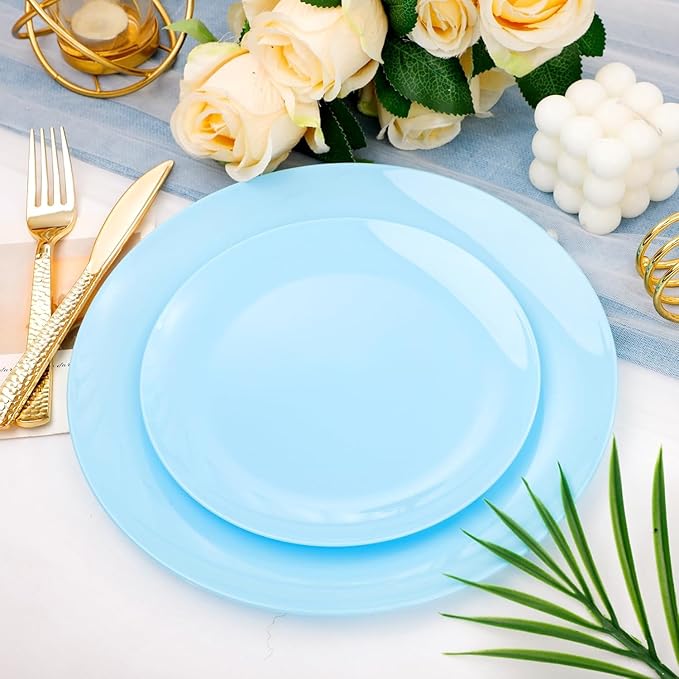 KIRE 60PCS Blue Plastic Plates Disposable - Heavy Duty Light Blue Plates Include 30Pcs 10.25” Dinner Plates and 30Pcs 7.5” for Dessert/Salad in Baby Shower/Picnic/Easter/Spring