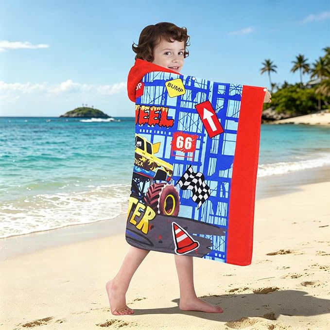 Hooded Towels for Kids - Superfine Fiber Monster Truck Toddler Hood Bath Towels Beach Hooded Poncho Absorbent Pool Toddler Swim Bath Wrap for Boys & Girls 3-10 Years Beach Essentials, 60*35 inches