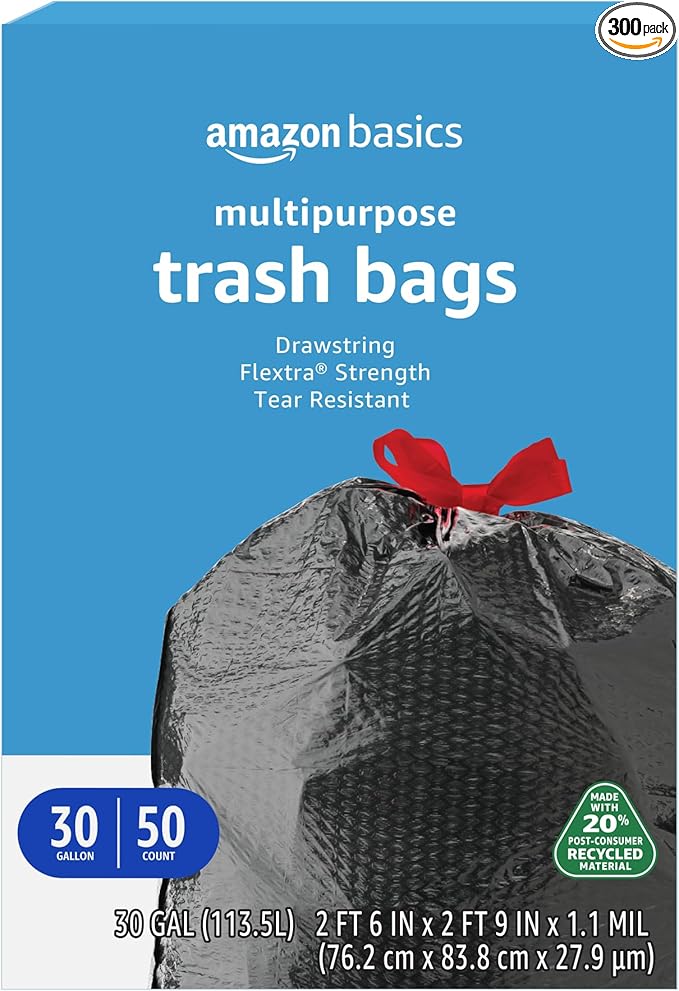 Amazon Basics 30 Gallon Flextra Strength Multipurpose Drawstring Trash Bags,20% Post Consumer Recycled Material,Tear Resistant,Black,(Pack of 300)