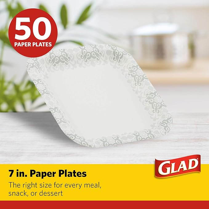 Glad Square Heavy Duty Paper Plates, Soak Proof and Cut Proof Disposable Plates for Parties and Everyday Meals, Microwaveable for Easy Serving, Grey Victorian Pattern, 7 Inch, 50 Count