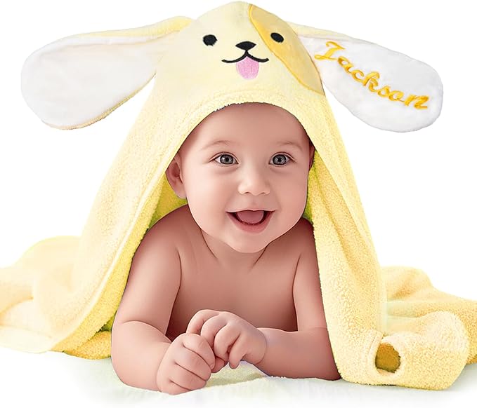 Custom Hooded Bath Towel for Babies,Soft Highly Absorbent Puppy Baby Towel with Name,Baby Bath Towels for Girls Boys,Personalized Baby Shower Birthday Gifts for Toddler Newborn Kids