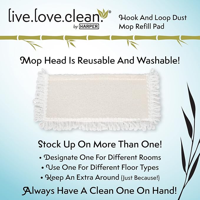 Harper Live.Love.Clean. Bamboo 2-in-1 Smooth Surface Wet/Dry Dust Mop with (2) Washable Pads for Cleaning Dust, Pet Hair & Fine Dry Dirt