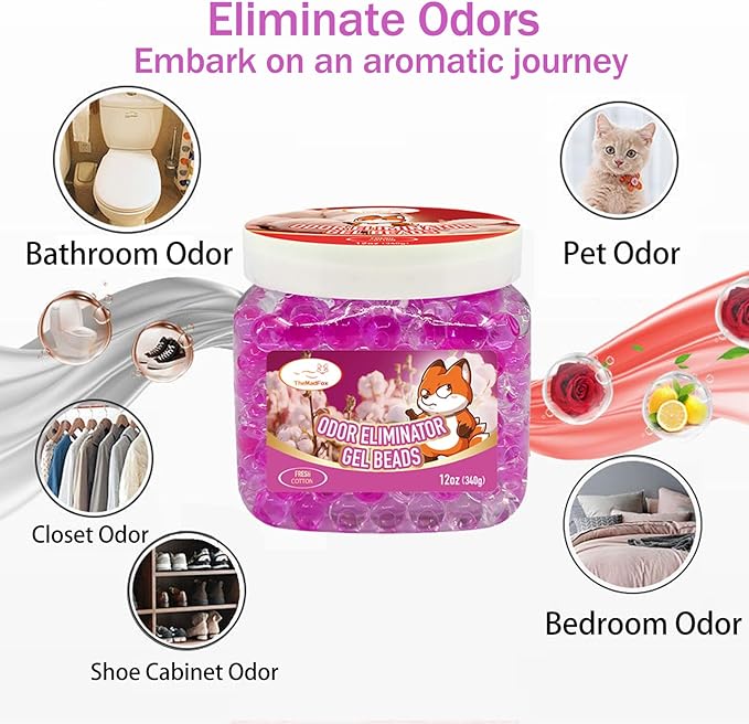 2 Pack Odor Eliminator Gel Beads, 12 oz, Air Freshener Beads for Home & Car, Pet Odor Eliminator for Bathroom, Closet, Pet Area & RVs, Long-Lasting Natural Fresh Cotton