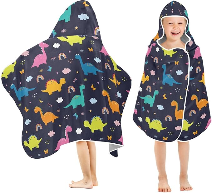 susiyo Kids Hooded Bath Towel Dinosaurs Clouds Beach Towel for Kids 23.5 x 50 Inch Microfiber Soft Absorbent Quick Dry Bath Swim Pool Towel Wrap Poncho Bathrobe with Hood for Kids Toddler
