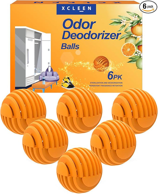 Xcleen Shoe Deodorizer Balls Citrus 6 Pack, Natural Essential Oil Long Lasting Sneaker Odor Eliminator, Small Spaces Air Freshener for Car Gym Bags, Drawers and Locker