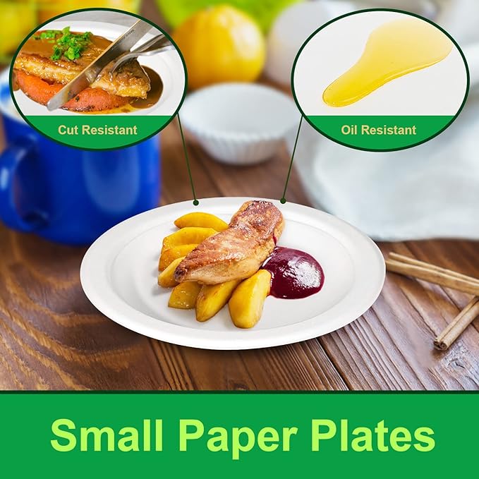 300 Pack Paper Plates Bulk, 7 inch Small Paper Plates, 100% Compostable Plates Eco Friendly Disposable Plates, White Paper Plates for Party Wedding Birthday, Paper Dessert Plates