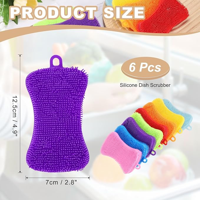 uxcell Silicone Dish Scrubber, 6 Pack Reusable Dishes Sponges Silicone Sponges Double Design for Kitchen Bathroom Cleaning Gadgets Accessories Countertop Cookware Pots Pans, Purple