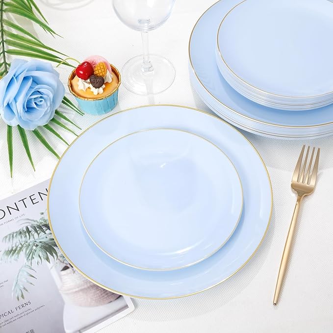 PULOTE 100PCS Blue Plastic Plates - Disposable Light Blue Include 50 Dinner & 50 Dessert/Salad Plates for Party, Wedding & Birthday