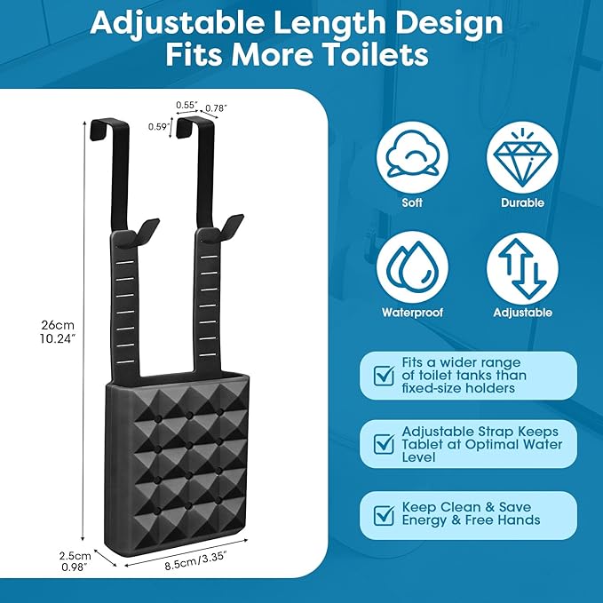 Adjustable Toilet Tank Cleaning Tablet Holder-Hanging Silicone Basket Carrier with Rustproof Hooks for Bowl Cleaner & Bleach Tablet Case Pouch Organizer, Accessory Fit Up to 7" Water Level
