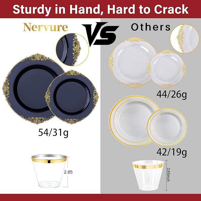 Nervure 350Pcs Blue Plastic Plates - Blue Gold Plastic Dinnerware Sets for 50 Guests - 100 Navy Gold Disposable Plates, 50 Pre Rolled Silverware, 50 Cups Perfect for Wedding & Party & Memorial Day