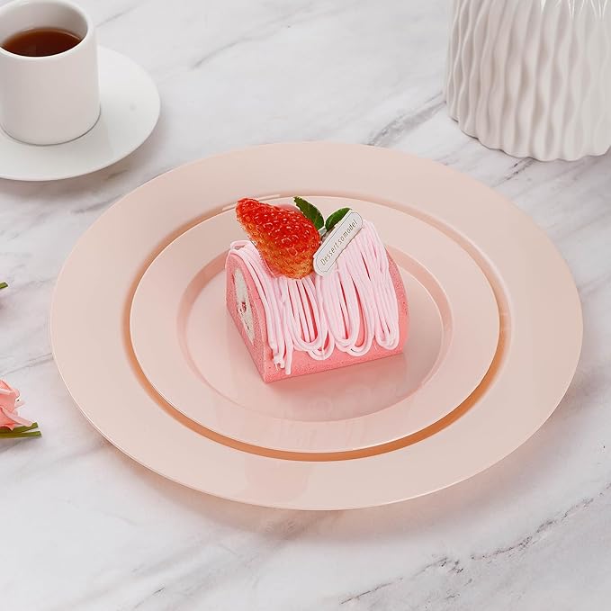 Goodluck 200PCS Disposable Pink Plastic Plates, Heavy Duty Disposable with 100 10.25 inch and 100 7.5 inch Dessert Plates for Party, Wedding, Baby Shower