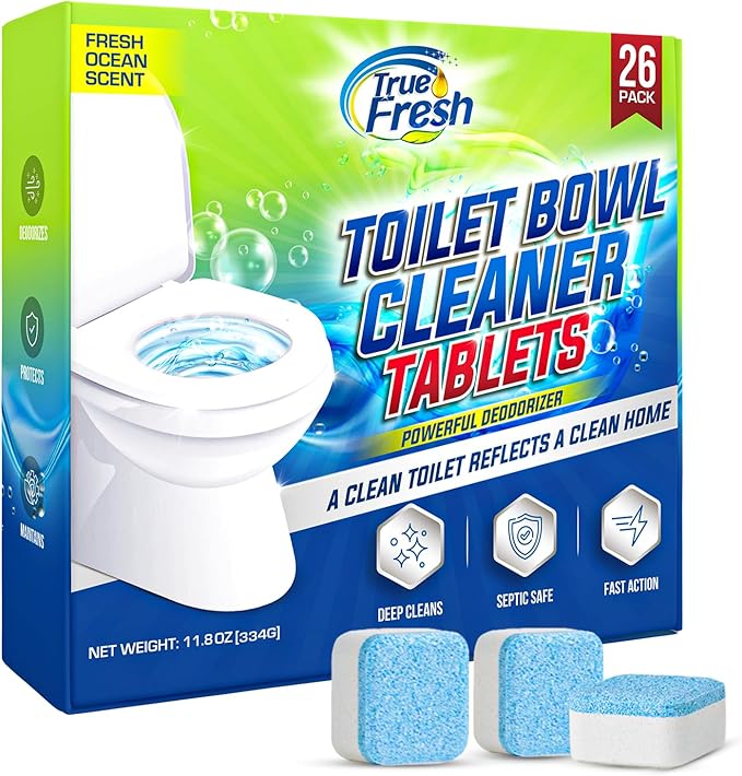 True Fresh Toilet Bowl Cleaner Tablets 26 Pack Deodorizer & Septic Safe Deep Cleaning, Odor Eliminator, Stain Remover for Long-Lasting Freshness Fresh Ocean Scent