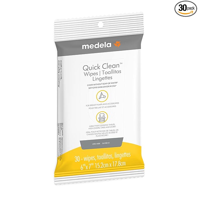 Medela Quick Clean Wipes for On-the-Go Cleaning of Breast Pumps, Accessories, and Various Surfaces, Plant-based, Resealable, 1 Pack of 30