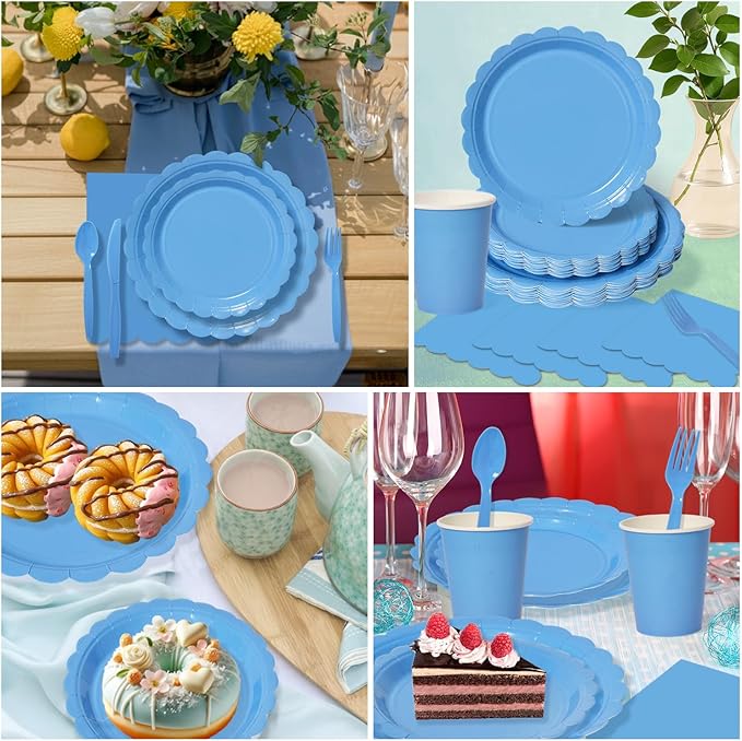 Vyntra 350 Pcs Blue Disposable Paper Plates and Napkins Set for 50, 9" Dinner Plates & 7" Dessert Plates, Tableware for Baby Shower, Birthday, Picnic, Party