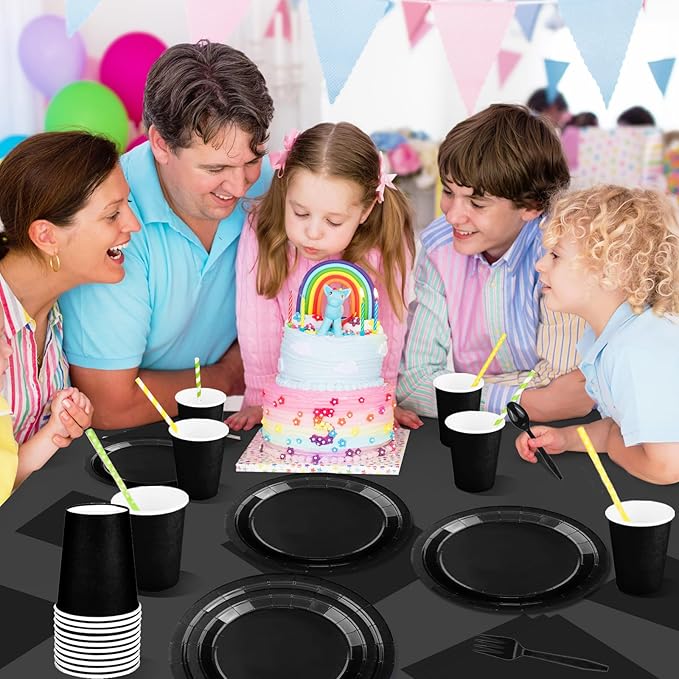 229PCS Black Party Supplies Set Paper Disposable Plates Cups Plastic Spoons Forks Knives Black Napkins for 30 Guests Disposable Party Dinnerware Sets for Wedding Birthday Parties