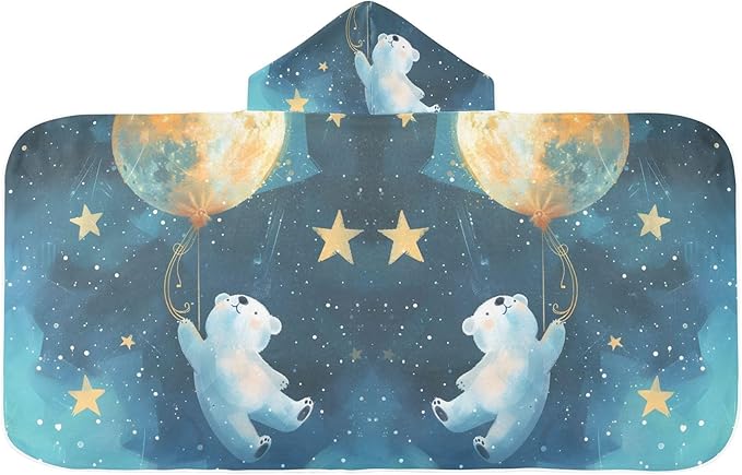 Hooded Towel for Kids Lovely Blue White Bear Flying in Starry Sky Beach Wrap Bath Towels 50x23.5in