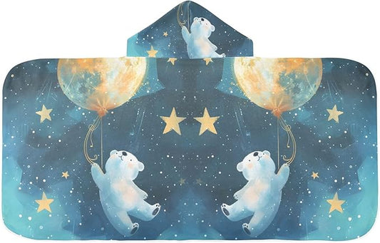 Hooded Towel for Kids Lovely Blue White Bear Flying in Starry Sky Beach Wrap Bath Towels 50x23.5in
