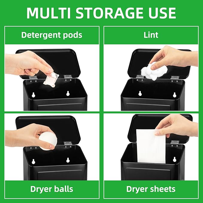 Magnetic Lint Bin for Laundry Room, Metal Lint Trash Can with Lid and Brush, Wall Mounted Lint Box for Dryer, Farmhouse Laundry Room Decor, Black