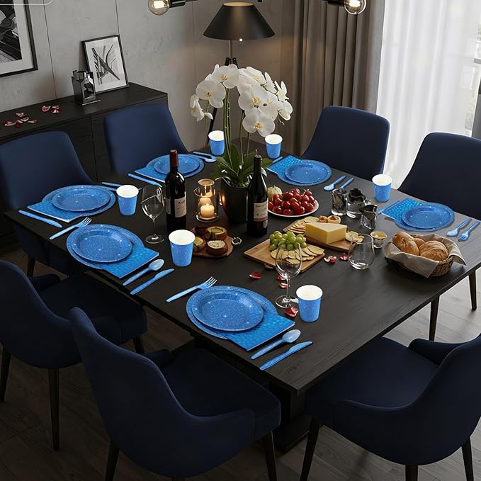 Hushee 175 Pcs Dark Blue Holographic Print Party Supplies Guests Disposable Dinnerware Set Include Paper Plates, Napkins, Cups, Plastic Cutlery for Wedding Birthday Disco Bachelorette