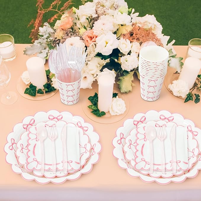 JarThenaAMCS 175Pcs Pink Bow Party Supplies Kit Scalloped Bowknot Tableware Set Disposable Dinnerware Paper Napkin Plate Cup Spoon Fork Knife for 25 Guests Party Favor