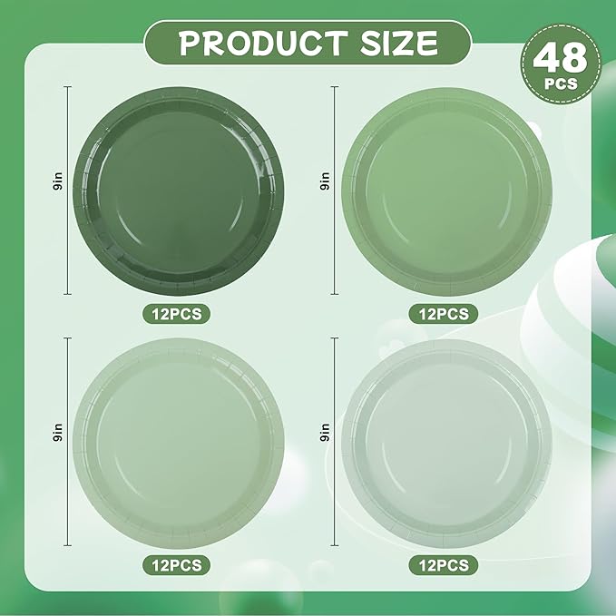 AimFun 48 Sage Green Paper Plates Gradient Green Party Plate 9 Inch Disposable Plates Round Dinner Plates for St Patrick Day Birthday Wedding Baby Bridal Shower Party Supplies