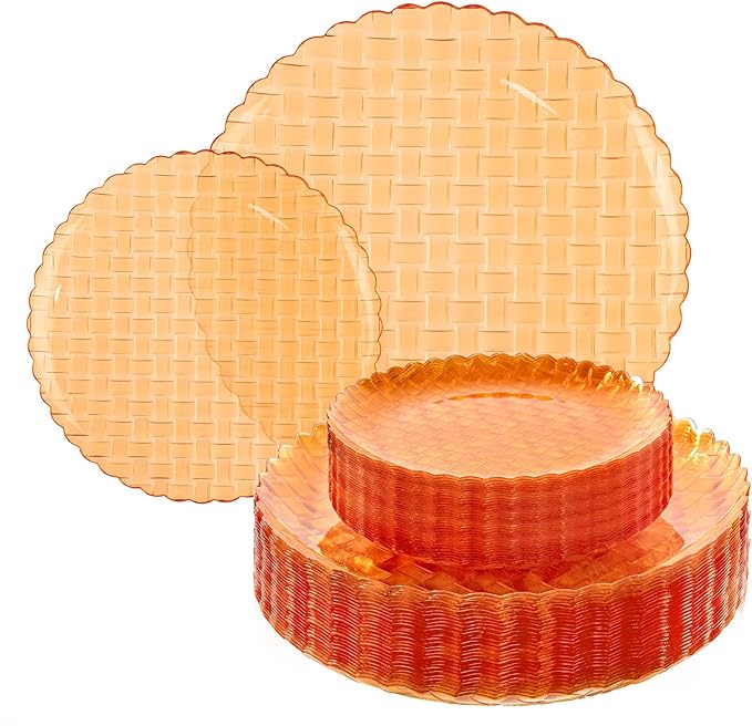 Festiva 60PCS Clear Orange Plastic Plates - Heavy Duty Weave Pattern Fancy Disposable Plates -serve for 30 guests Include 30PCS 10" & 30PCS 7" Plates for Birthday & Easter Party(Orange)