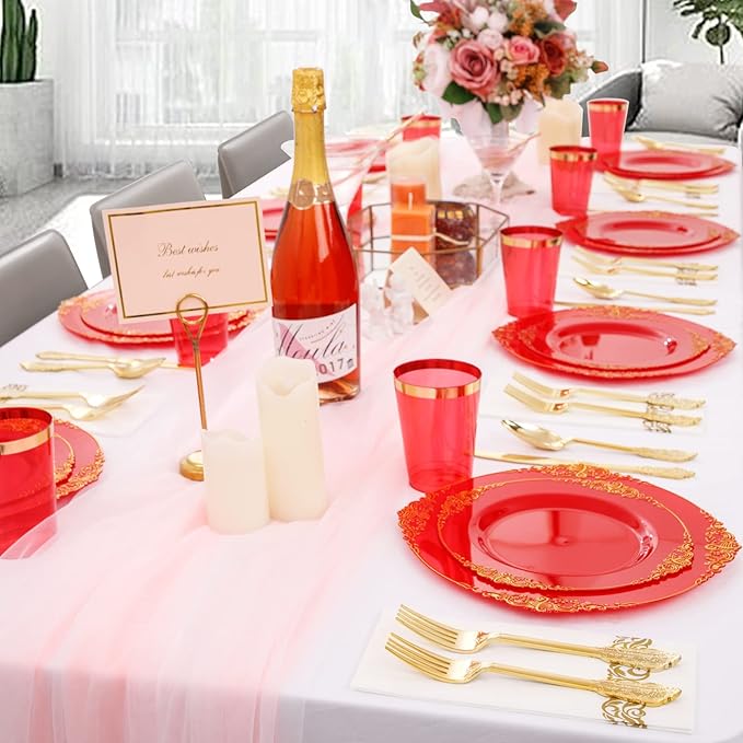 Morejoy 175PCS Red Plastic Plates,Red Disposable Plates With Gold Rim,Red and Gold Plastic Dinnerware Set Includes: 50 Plates,25 Silverware Sets,25 Cups,25 Napkins,Perfect for Party,Mother's Day