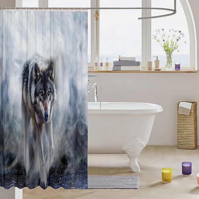 3D Wolf Shower Curtain for Kids Boys Girls Teens Wolves Shower Curtain with Hooks African Wild Animals Polyester Bathroom Curtain Set 72Wx72L