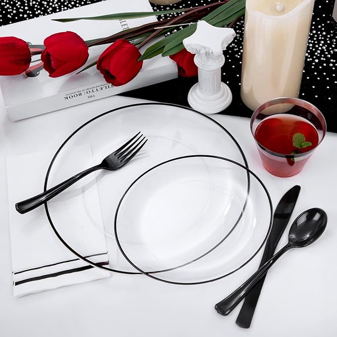 NOCCUR 350PCS Clear and Black Plastic Plates - Disposable Dinnerware Set for 50 Guests Include 100 Dinner/Dessert Plates,150 Black Cutlery,50 Cups&50 Napkins Ideal for Party/Birthday/New Year