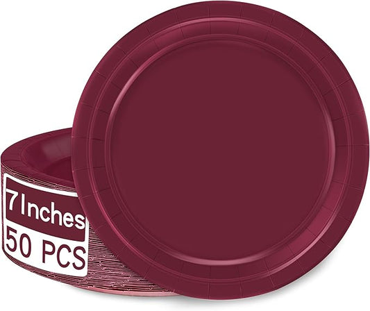 QZYL 50 Pieces Paper Plates, 7" Burgundy Bulk Dessert Plates, Disposable Plates Party Supplies, Round Small Paper Plates, Burgundy Party Decorations for Bridal Dinner Holiday Travel Valentines