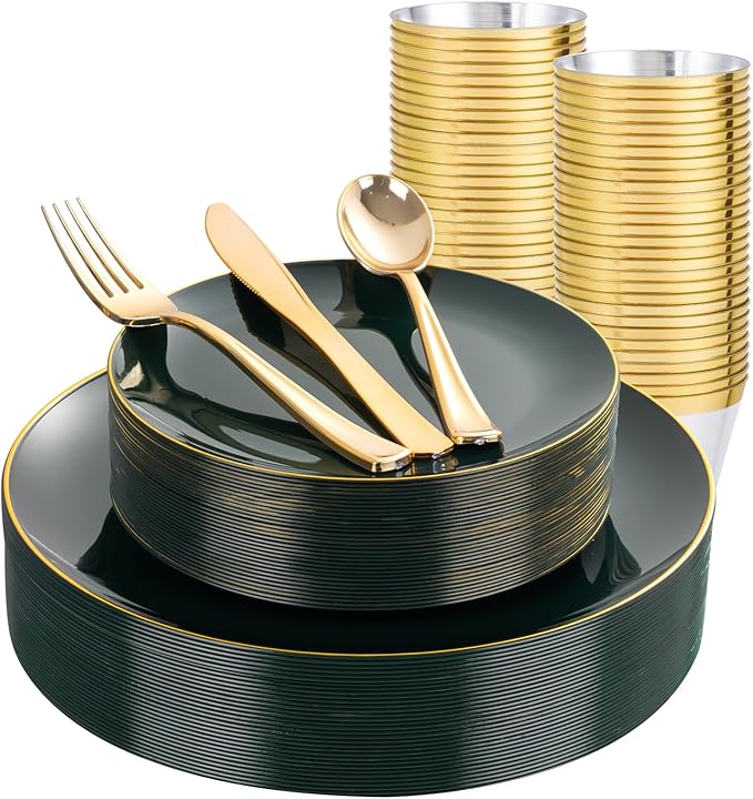 WDF 150Pcs Green Plastic Plates - Green Plates Disposable with Gold Rim - 25Guest Disposable Dinnerware Include 50 Plastic Plate 75 Gold Cutlery 25 9oz Cups for Wedding/Party/Birthday