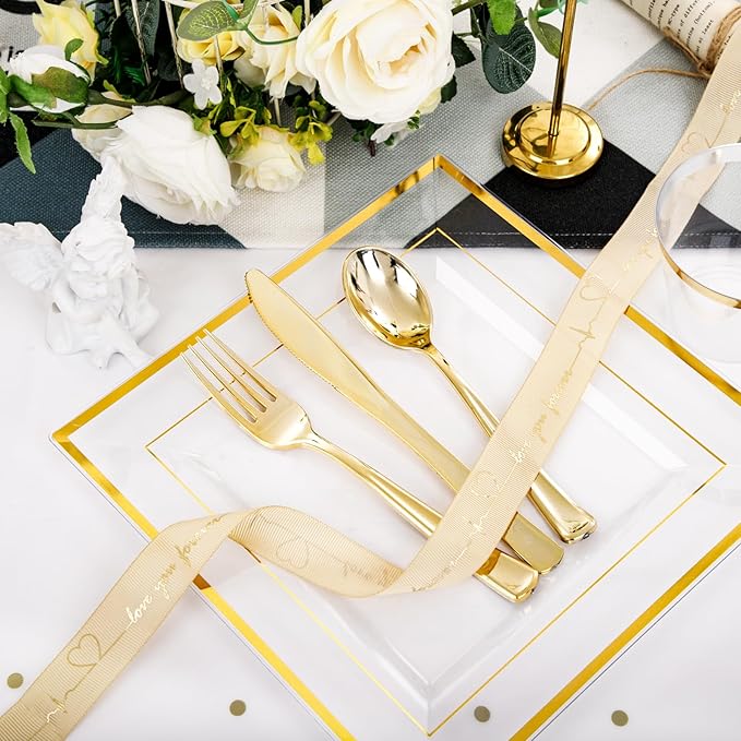 Festiva 350Pcs Clear Plastic Plates with Gold rim - Clear Gold Disposable Dinnerware for 50 Guests includeSquare Plastic Plates/Cups/Cutlery/Napkins Perfect for Birthday Party&Wedding