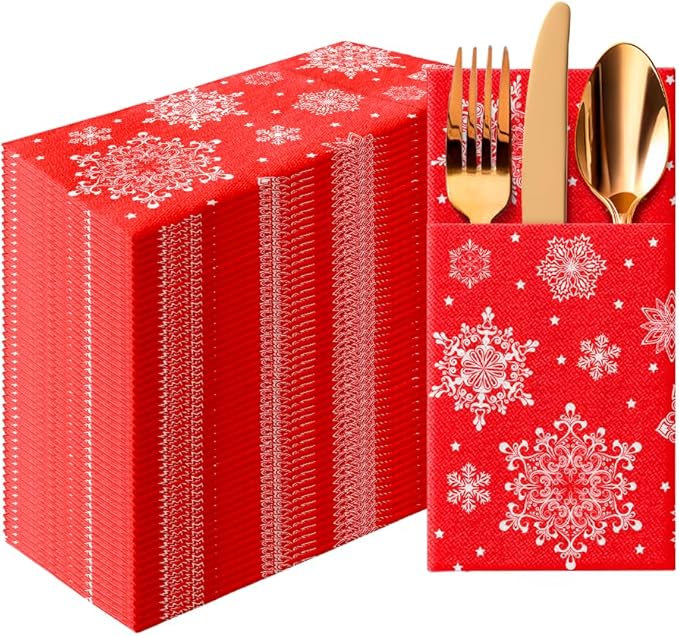 PAW - Christmas Linen Feel Napkins with Built-in Flatware Pocket, Red Absorbent Pre-Folded Dinner Napkins with Snowlakes, Guest Towels for Xmas Dinner, Winter Holiday, Decorative Towel, 50 Count
