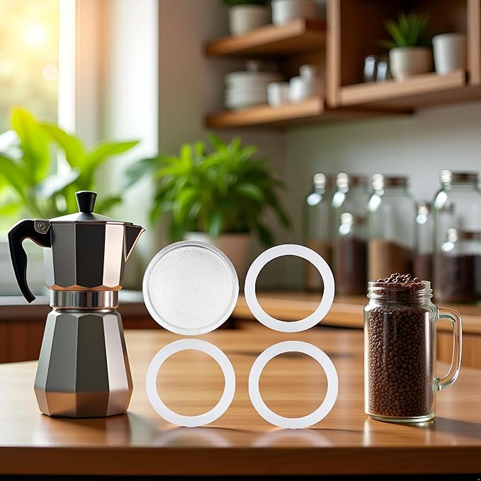 3Pcs White 3 Cup Replacement Silica Gel Gaskets and Aluminum Filters for Moka Pot Coffee Bottle 3 Cup OneSize,Paper and Plastic Household Supplies